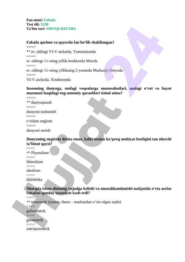 Falsafa test savollari va qaydalar