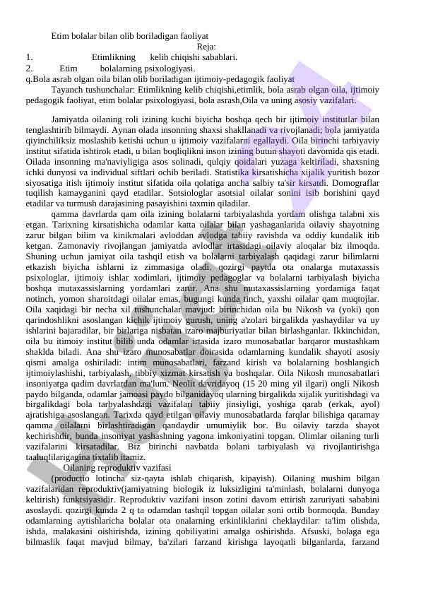 Etim bolalar psixologiyasi va oila faoliyati