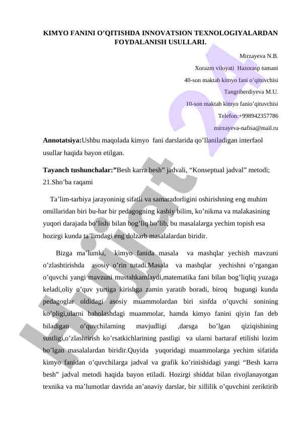 Innovatsion texnologiyalar bilan kimyo o'qitish