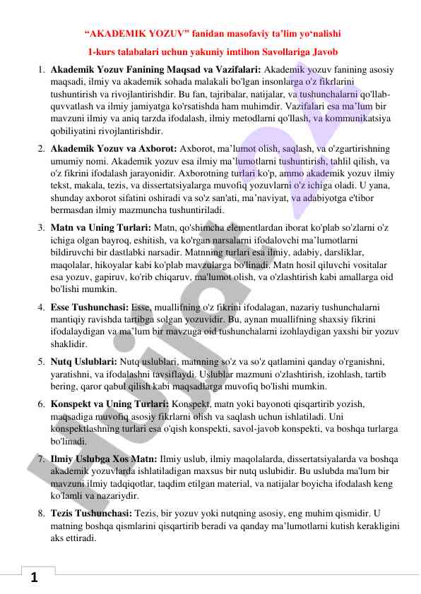 Akademik yozuv fanidan yakuniy imtihon savollari