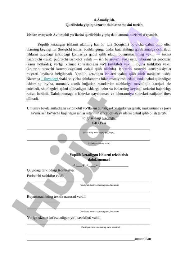 Qurilishda yopiq nazorat dalolatnomasini tuzish
