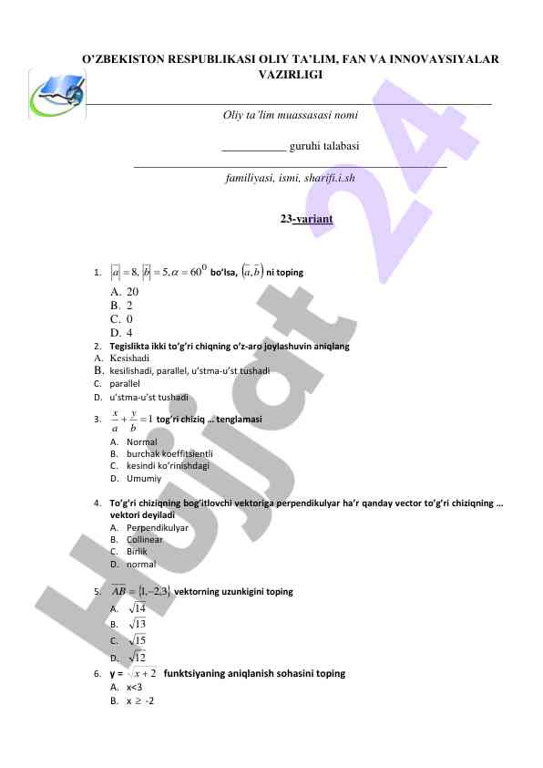Matematika mavzusi bo'yicha test savollari