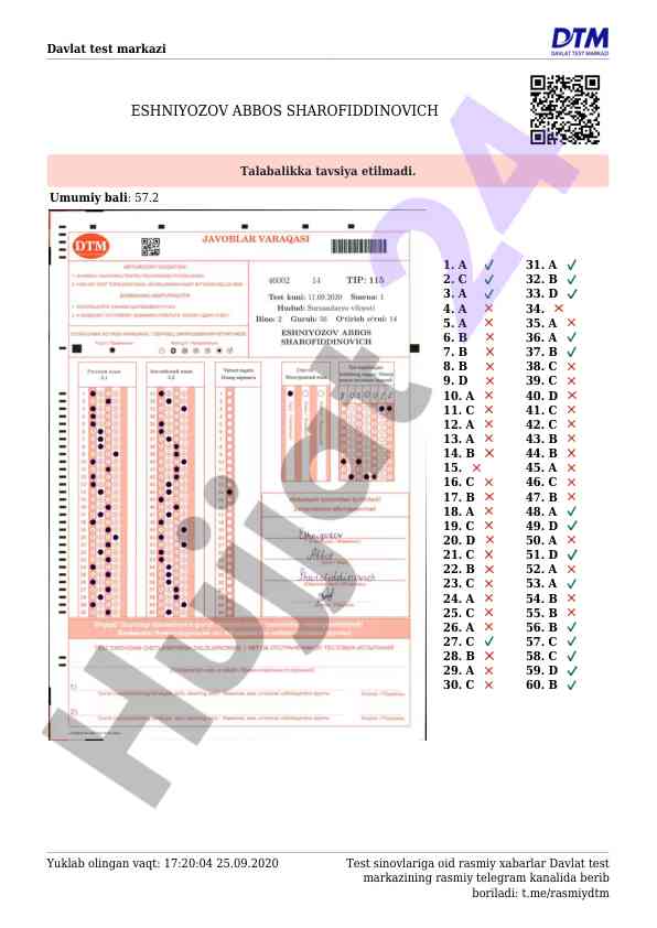 Davlat test sinovlari natijalari 2020 yili