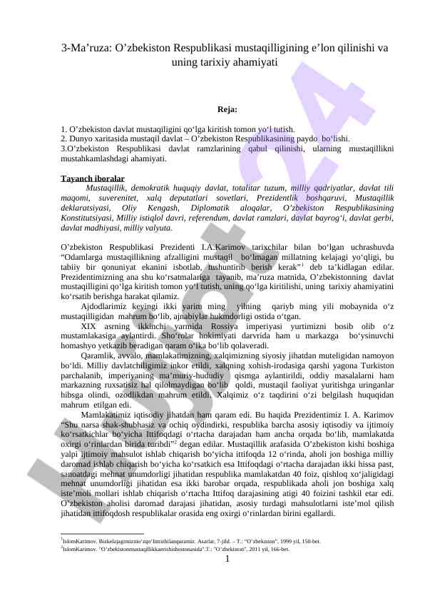 O’zbekiston respublikasi mustaqilligi tarixi ma’ruza