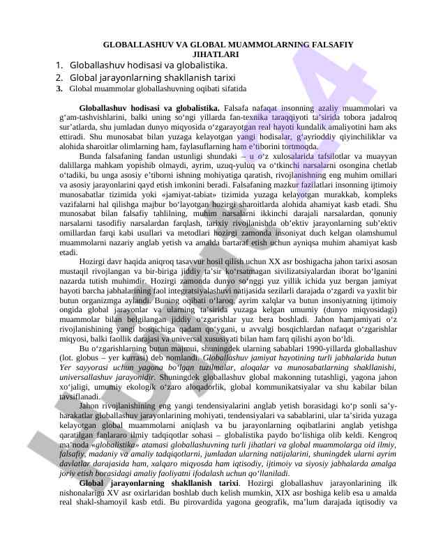 Globallashuv va global muammolarning falsafiy jihati