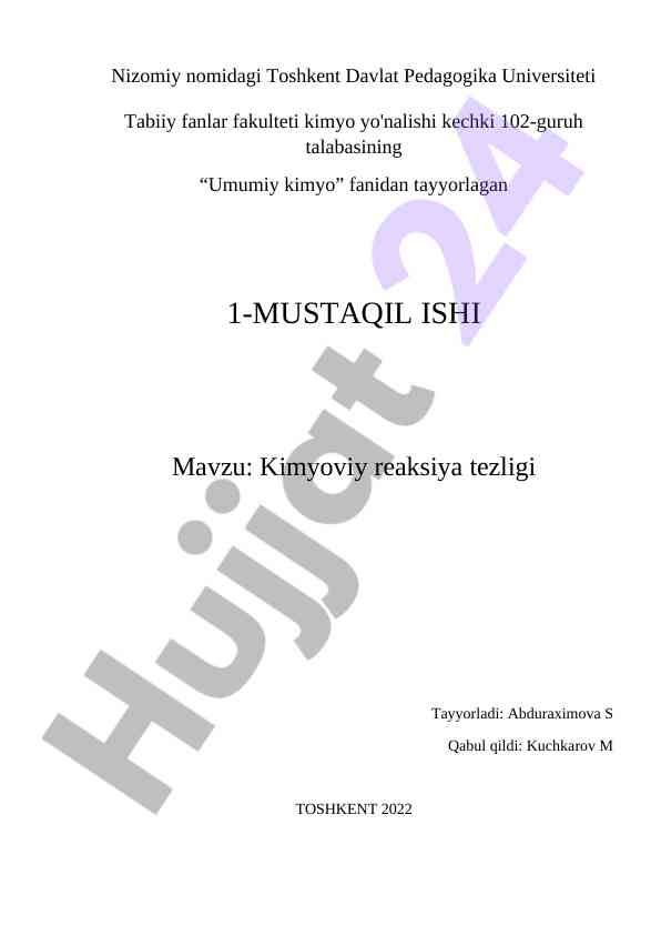 Kimyoviy reaksiya tezligi haqida mustaqil ish