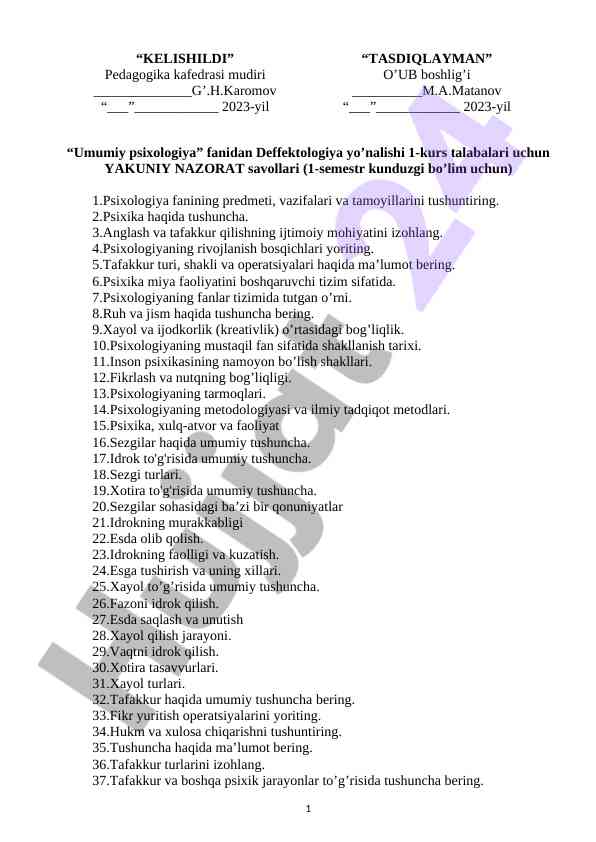 Umumiy psixologiya fanidan nazorat savollari