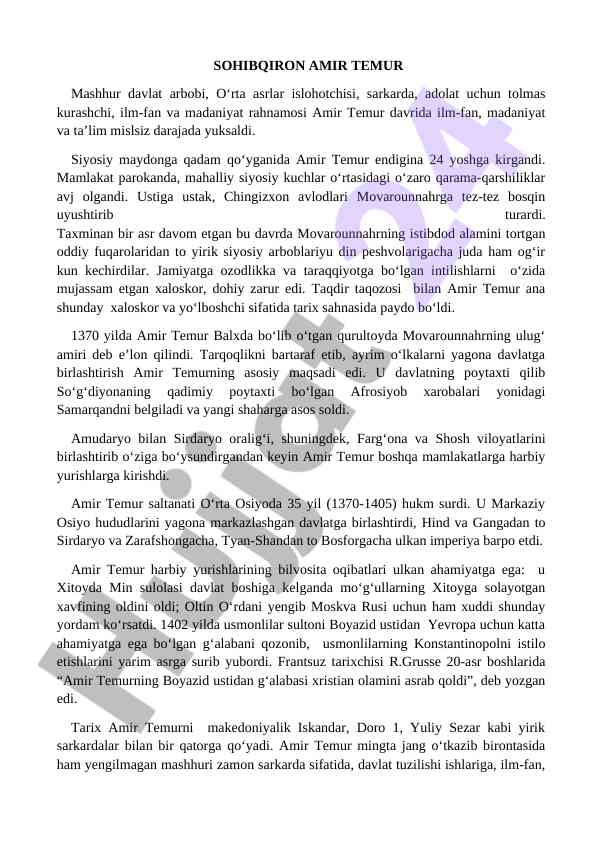 Ilm-fan va madaniyat yuksalishi amir temur davrida