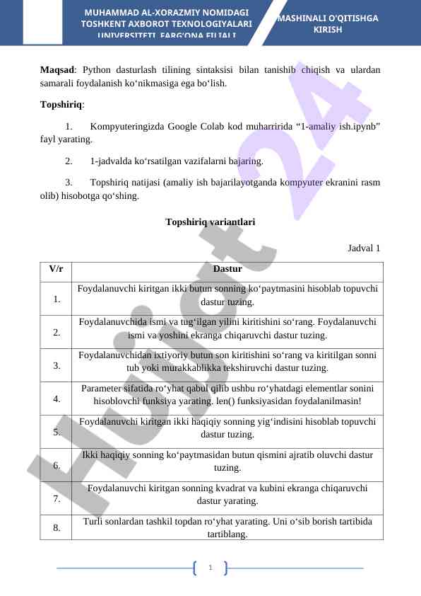 Python dasturlash tilida amaliy ishni bajaring