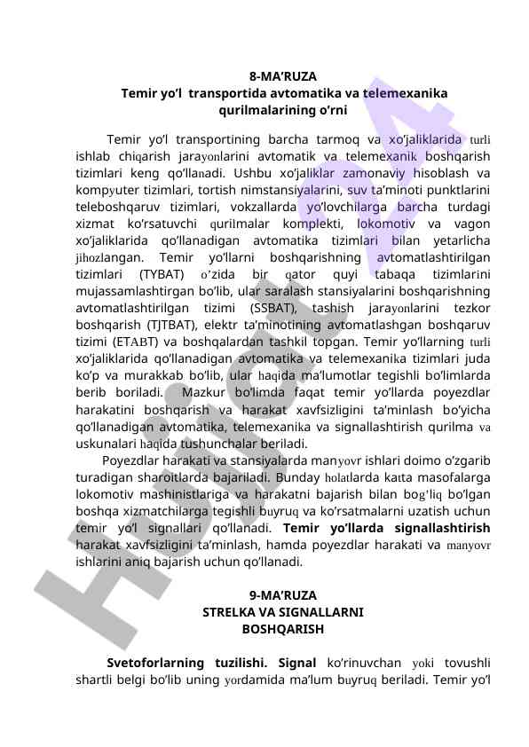 Temir yo‘l transportida avtomatika va telemexanika