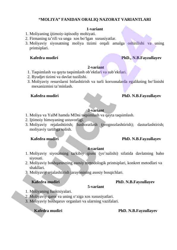 Moliya fanidan oraliq nazorat variantlari