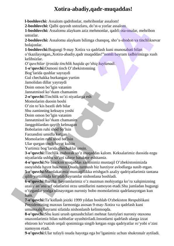 Xotira va qadrlash kuni tadbiri ishlanmasi