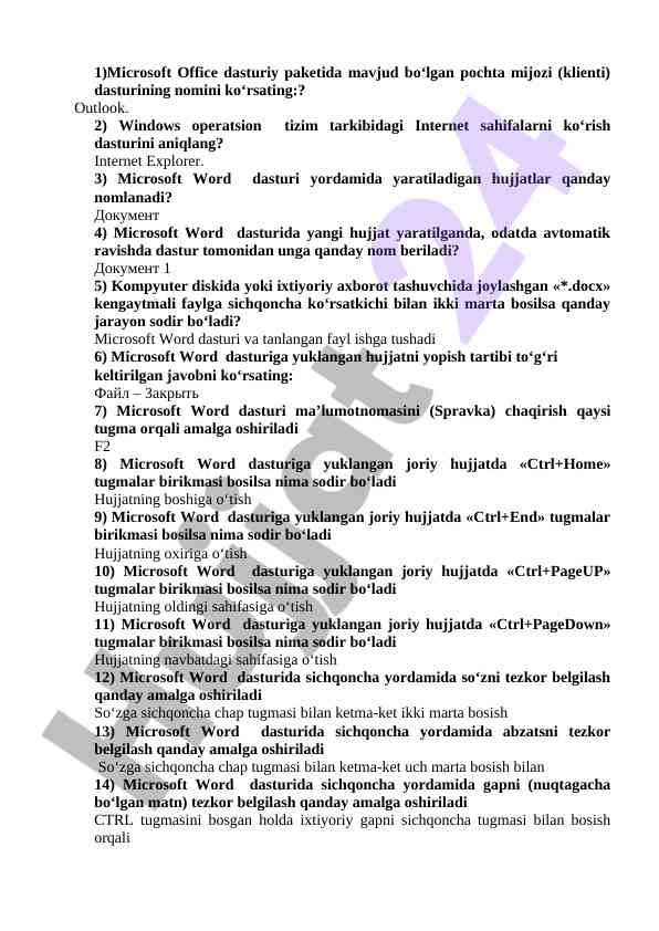 Microsoft word dasturiga doir savollar va javoblar