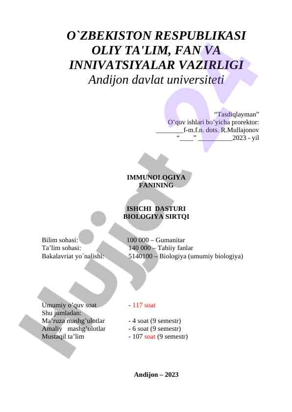 Immunologiya fanining ishchi dasturi