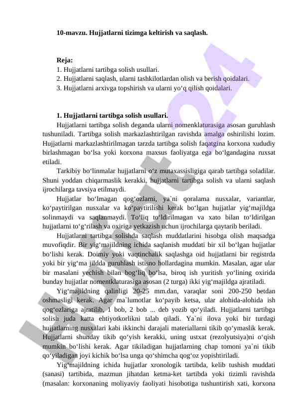 Hujjatlarni tizimga keltirish va saqlash