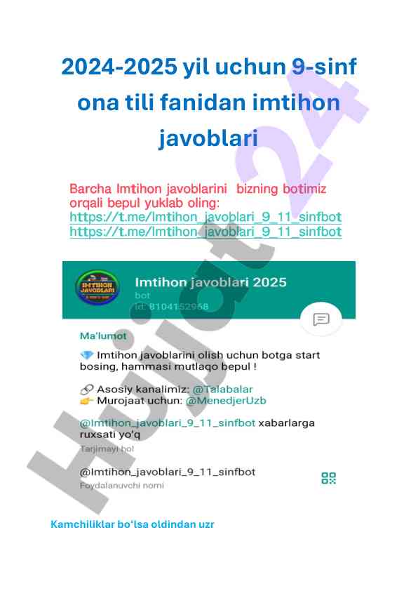 9-sinf ona tili fanidan imtihon javoblari 2024-2025