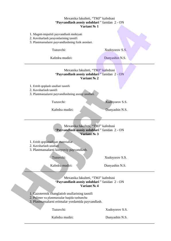 Payvandlash asosiy uslublari fanidan variantlar