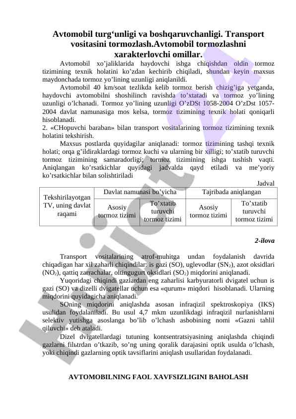 Avtomobil tormoz tizimi texnik holatini tekshirish