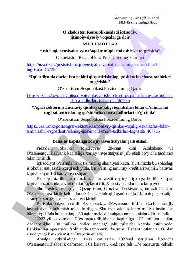 2023 yil o‘zbekiston iqtisodiyoti haqida statistik hisobot