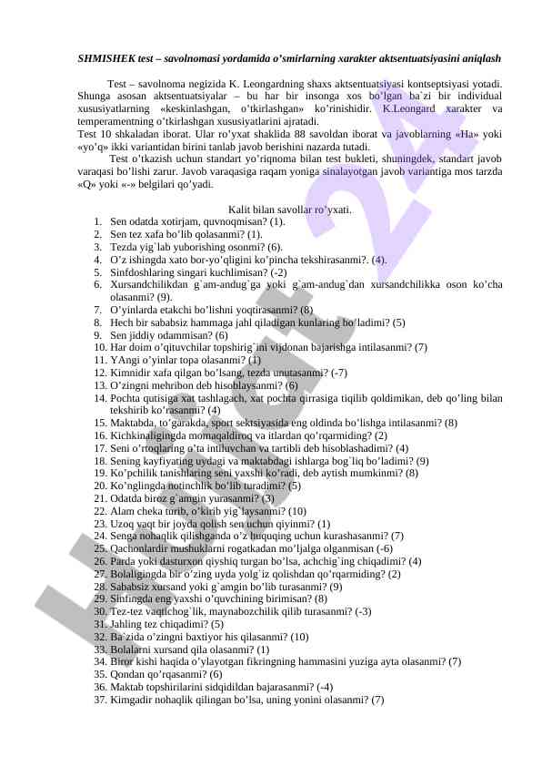 Shmishek test va o’smirlar xarakter aktsentuatsiyasi