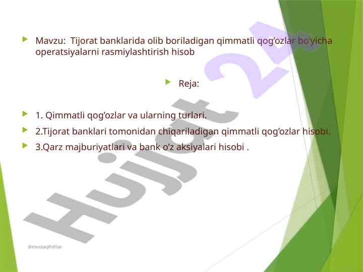 Tijorat banklarida qimmatli qog'ozlar hisobi