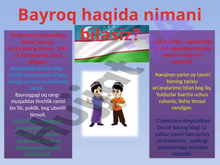 O‘zbekiston respublikasi davlat bayrog‘i haqida ma’lumotlar