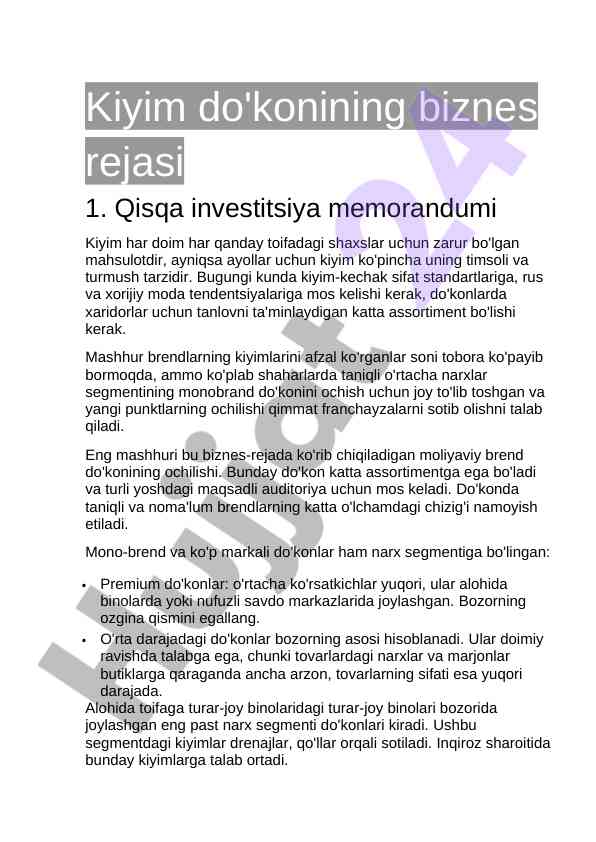 Kiyim do'konining biznes rejasi va investitsiya memorandumi