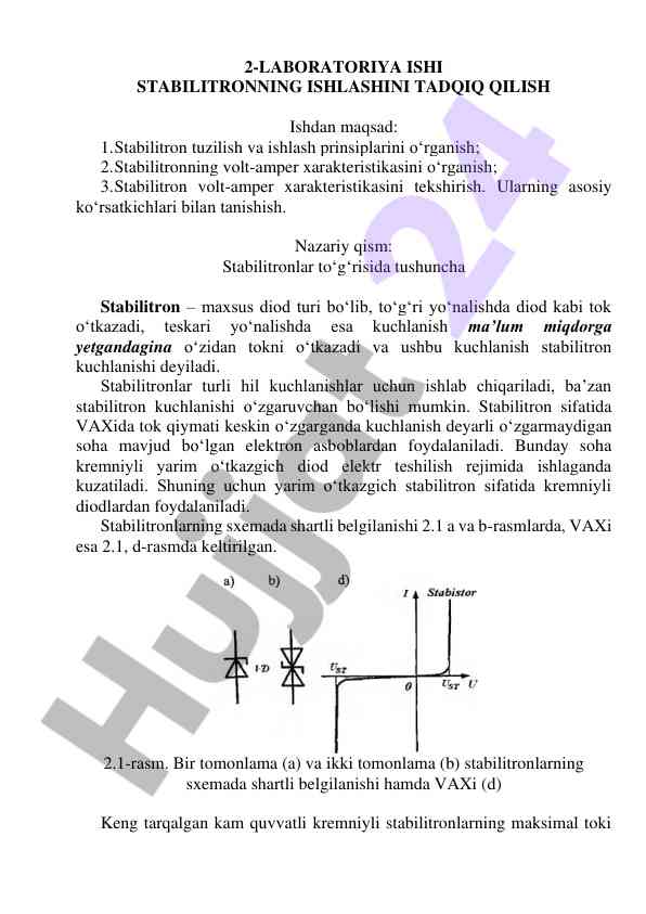 Stabilitronning ishlash prinplari va volt-amper xarakteristikasi