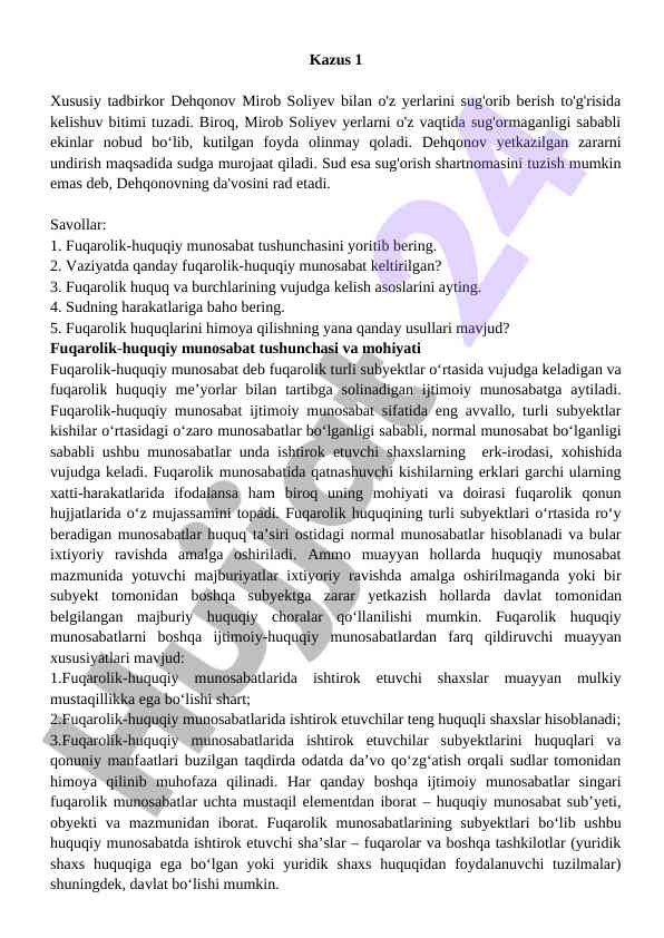 Fuqarolik huquqiy munosabatlar tushunchasi yuzasidan tahlil