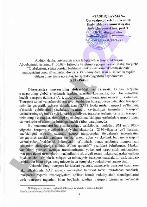 O'zbekistonda transport fodalanish imkoniyatlarini takomillashtirish