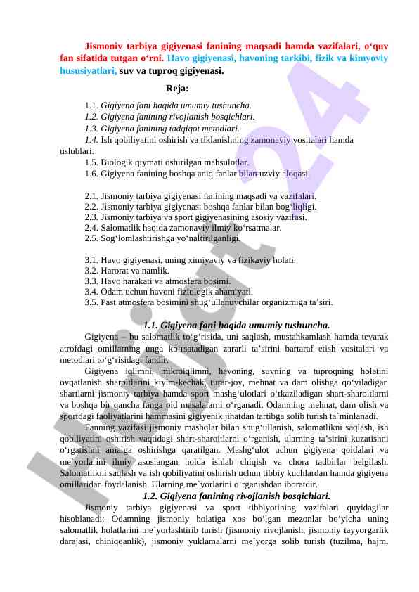 JISMONIY TARBIYA GIGIYENASI FANI VA VAZIFALARI