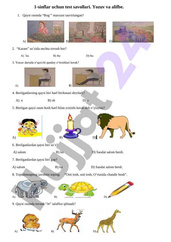 1-sinflar uchun test savollari yozuv va alifbe