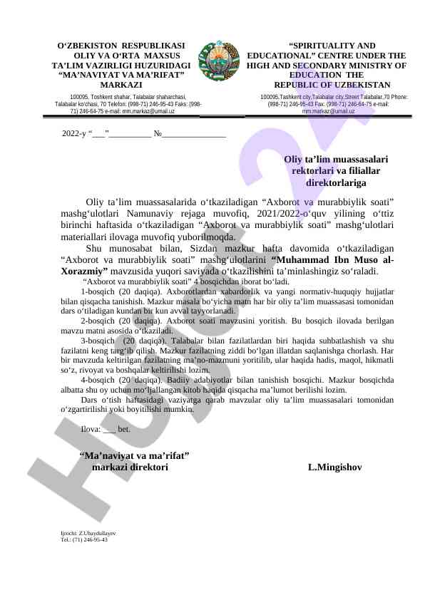 Axborot va murabbiylik soati mashg‘ulotlari rejasi