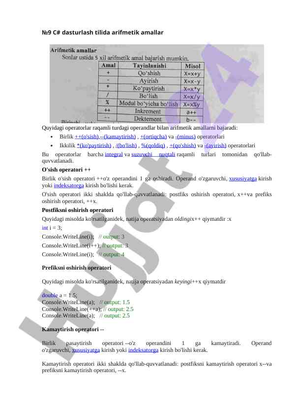 C# Dasturlash Tilida Arifmetik Amallar