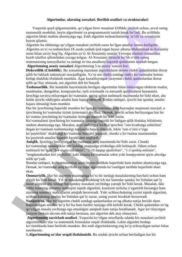 Algoritmlar va xossalari