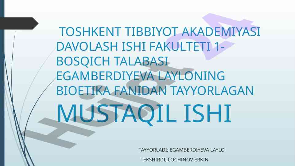 Bioetika fanidan mustaqil ishning tahlili