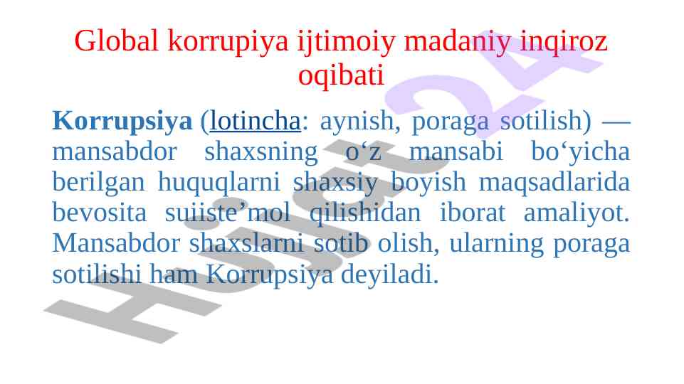Global korrupiya va ijtimoiy madaniy inqiroz oqibatlari