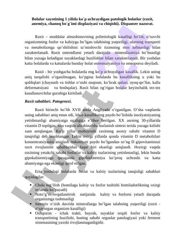 Bolalar xayotida raxit patologiyasi tahlili
