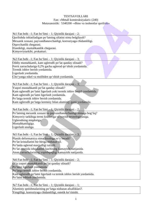 Metall konstruksiyalari fani test savollari