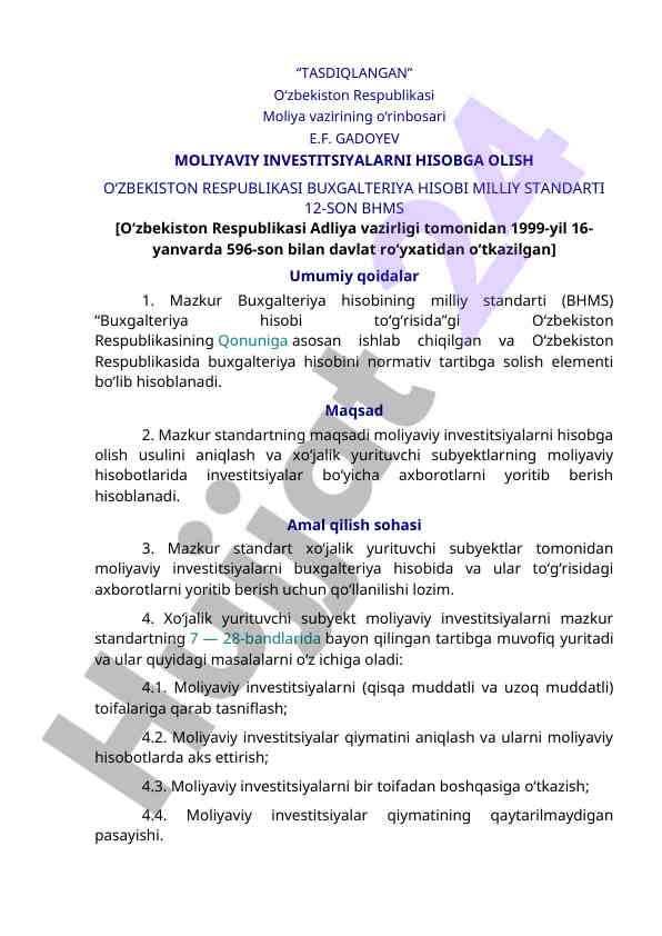 Moliyaviy investitsiyalarning buxgalteriya hisobi standarti