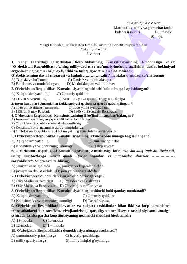O‘zbekiston respublikasi konstitutsiyasi fanidan test