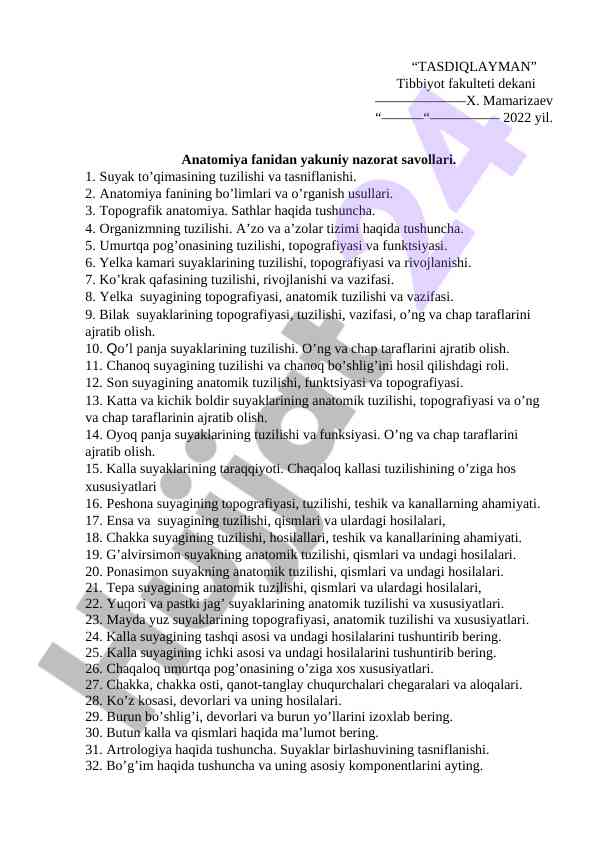 Anatomiya fanidan yakuniy nazorat savollari