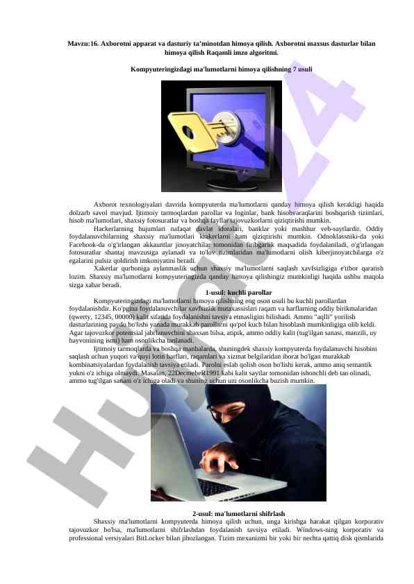 Axborotni himoya qilish usullari va algoritmlar