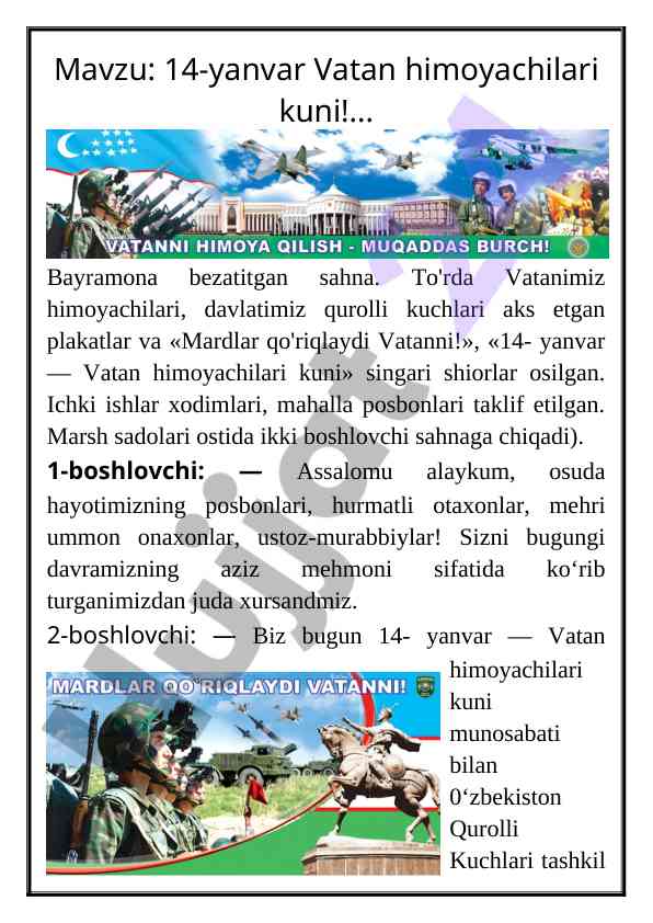Vatan himoyachilari kuni bayrami tadbiriga tayyorlanish