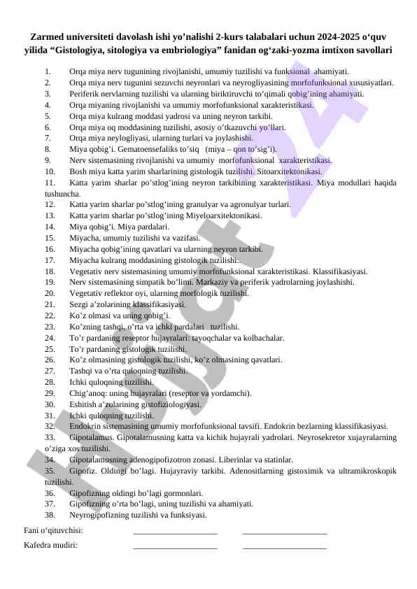 Gistologiya fanidan imtihon savollari 2024-2025