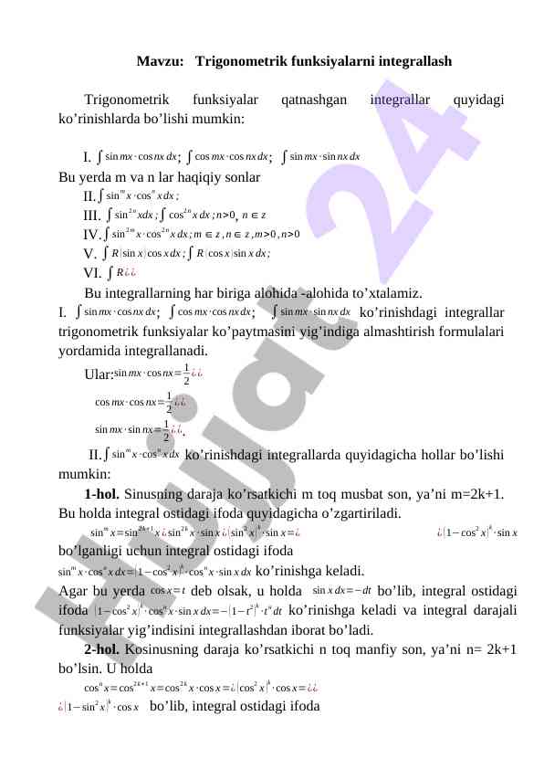 Trigonometrik funksiyalarni integrallash usullari