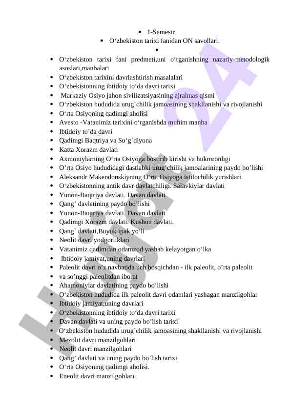 O‘zbekiston tarixi fanidan on savollari