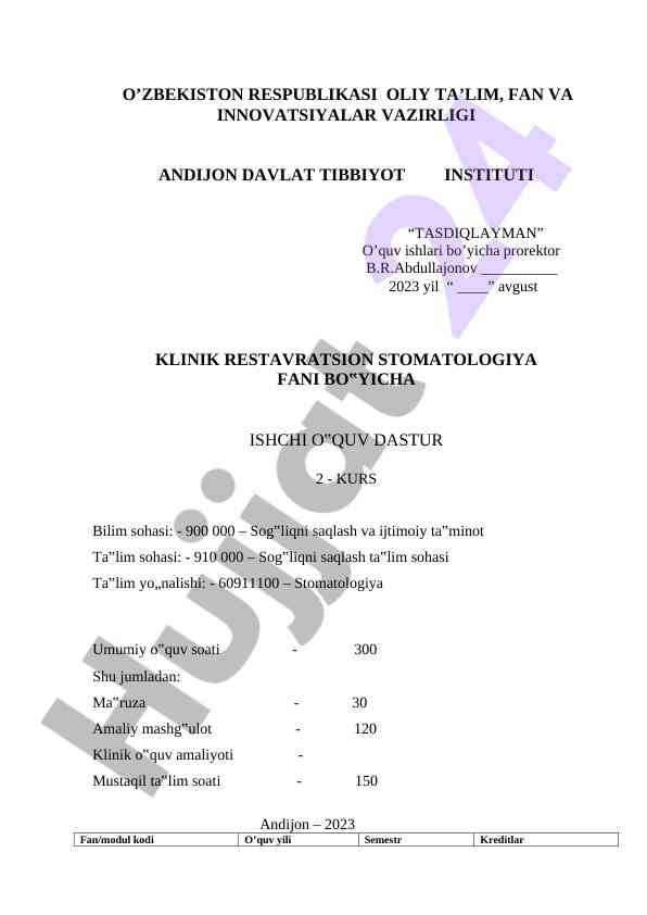 Klinik restavratsion stomatologiya fani dasturi