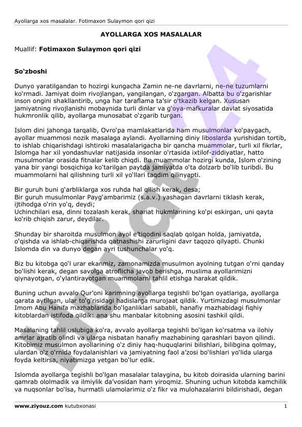 Ayollarga xos masalalar va ularni hal qilish yo‘llari