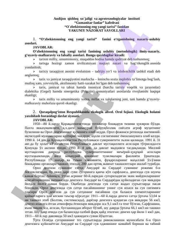 O‘zbekistonning eng yangi tarixi fanidan nazorat savollari